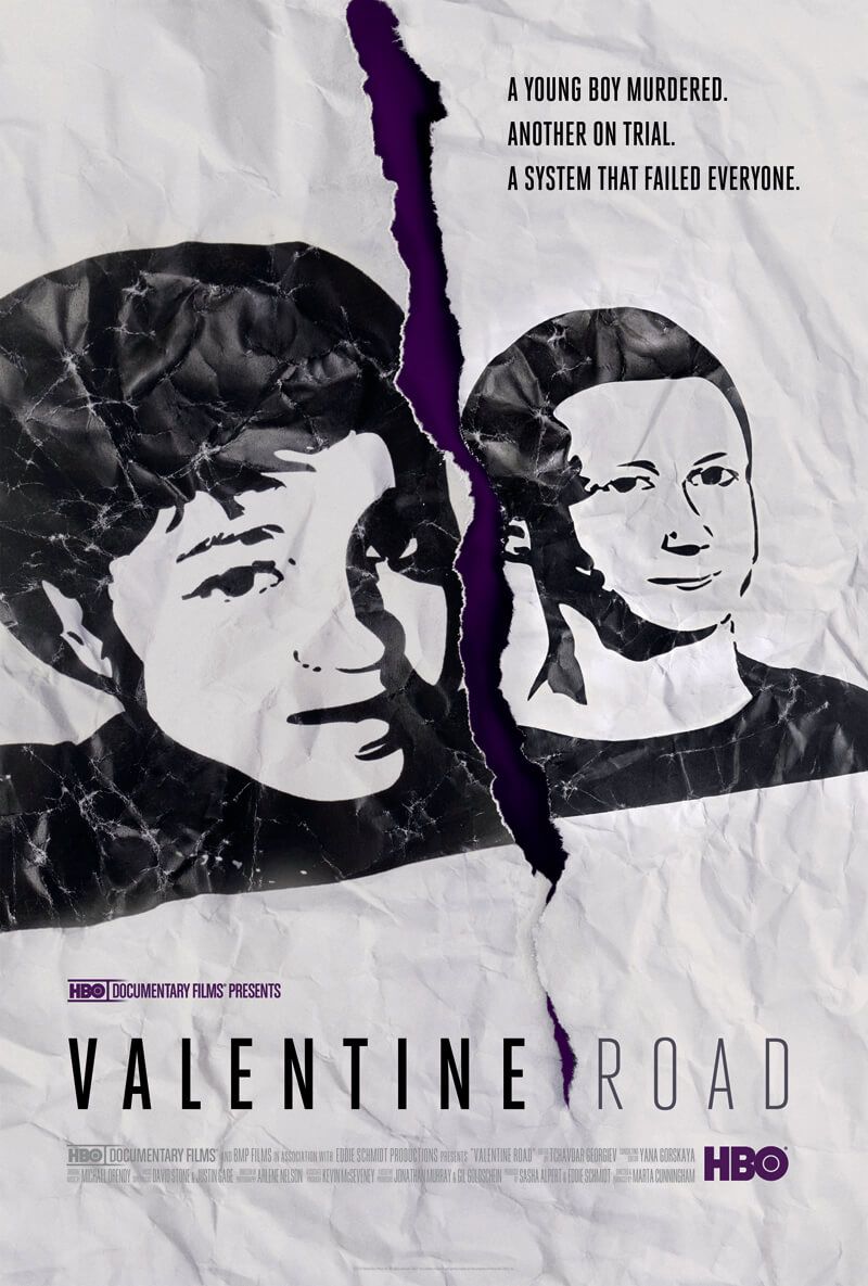 Poster of Valentine Road. Above the torn drawing of two young boys are the words, "A young boy murdered. Another on trial A system that failed everyone." Below the drawing is the title and credit for the film.