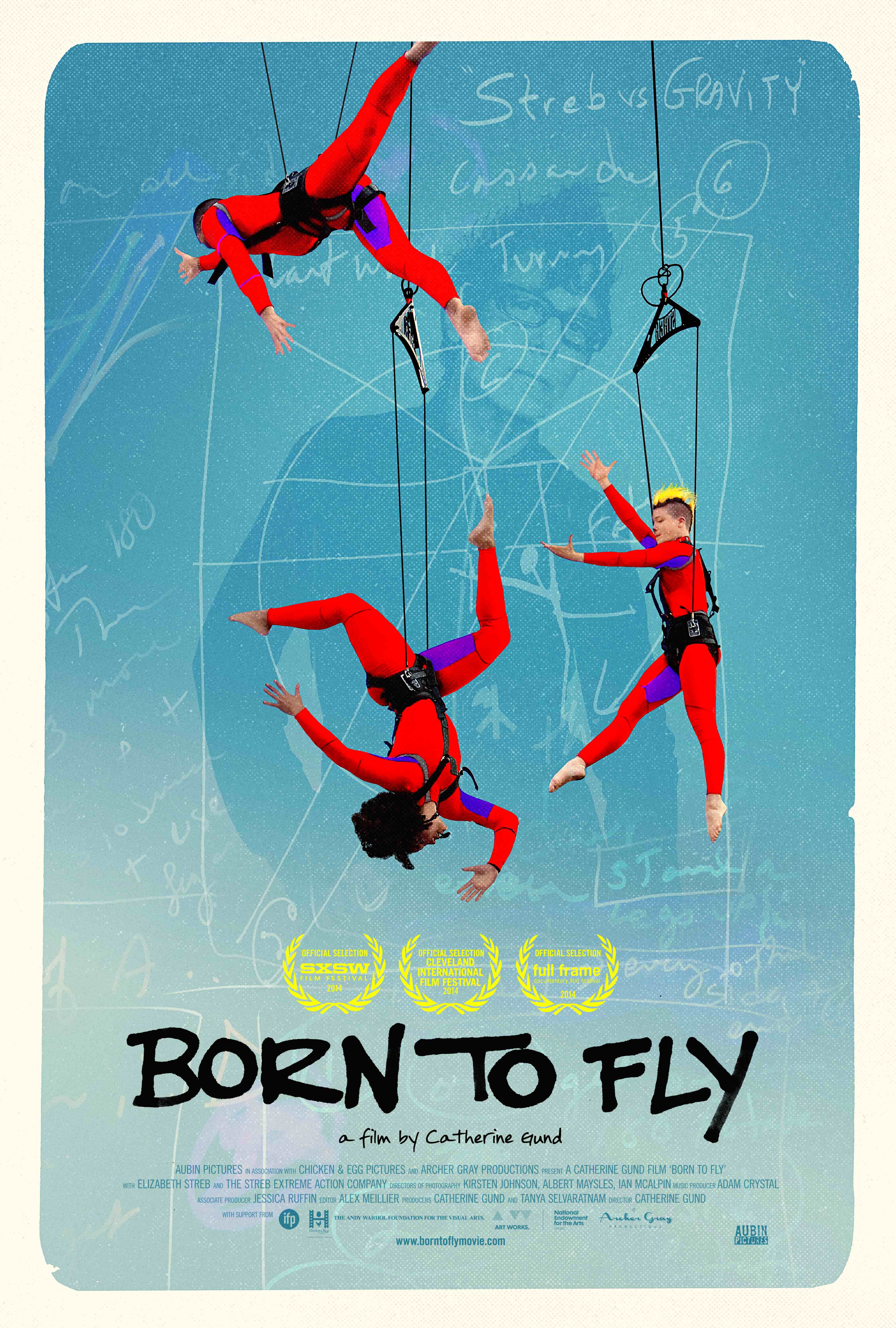 Poster of the film Born To Fly. A graphic with three people wearing harnesses and hanging, they have special red body suits. Behind them, there is an overshadowed silhouette of a person and tracings.