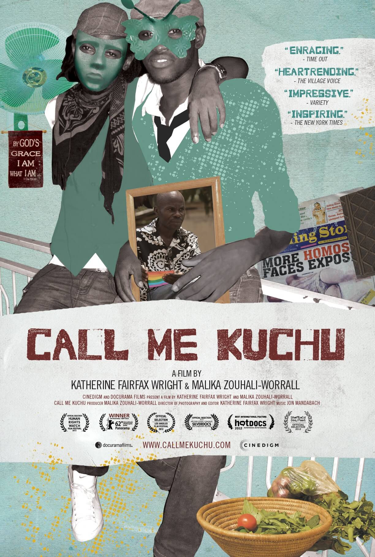 Graphic with the poster of the film Call me Kuchu. Two students hug each other and one holds a frame with a photograph. At the bottom of the poster, there is the title of the film.