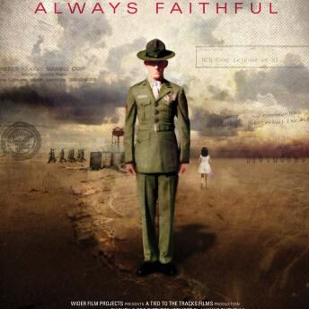 Poster of the film Semper Fi: Always Faithful. Graphic poster; In the foreground, a marine with a uniform is standing; in the background, there is an open land, a small girl dressed in white walking, oil barrels, and soldiers marching.