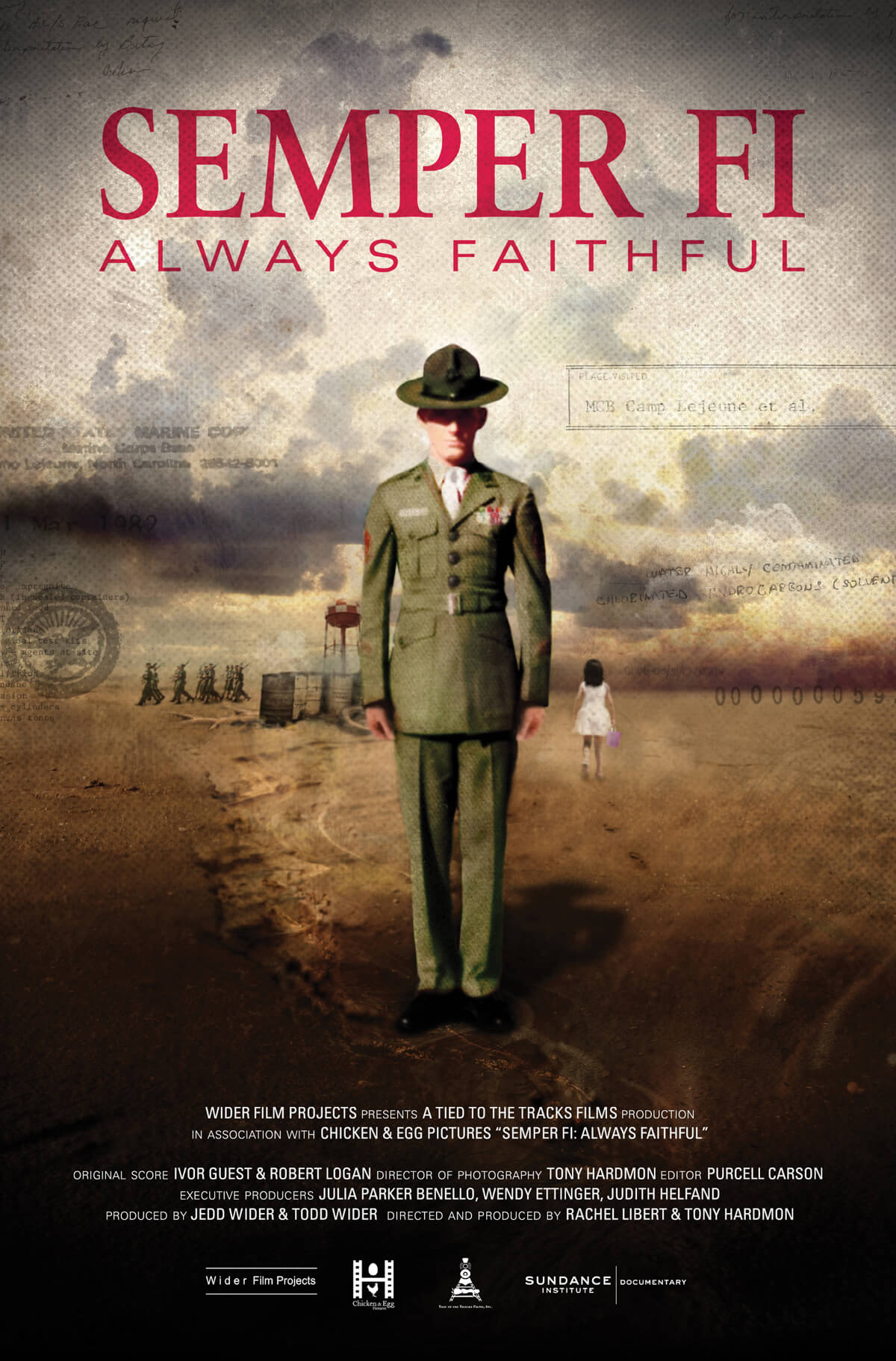 Poster of the film Semper Fi: Always Faithful. Graphic poster; In the foreground, a marine with a uniform is standing; in the background, there is an open land, a small girl dressed in white walking, oil barrels, and soldiers marching.