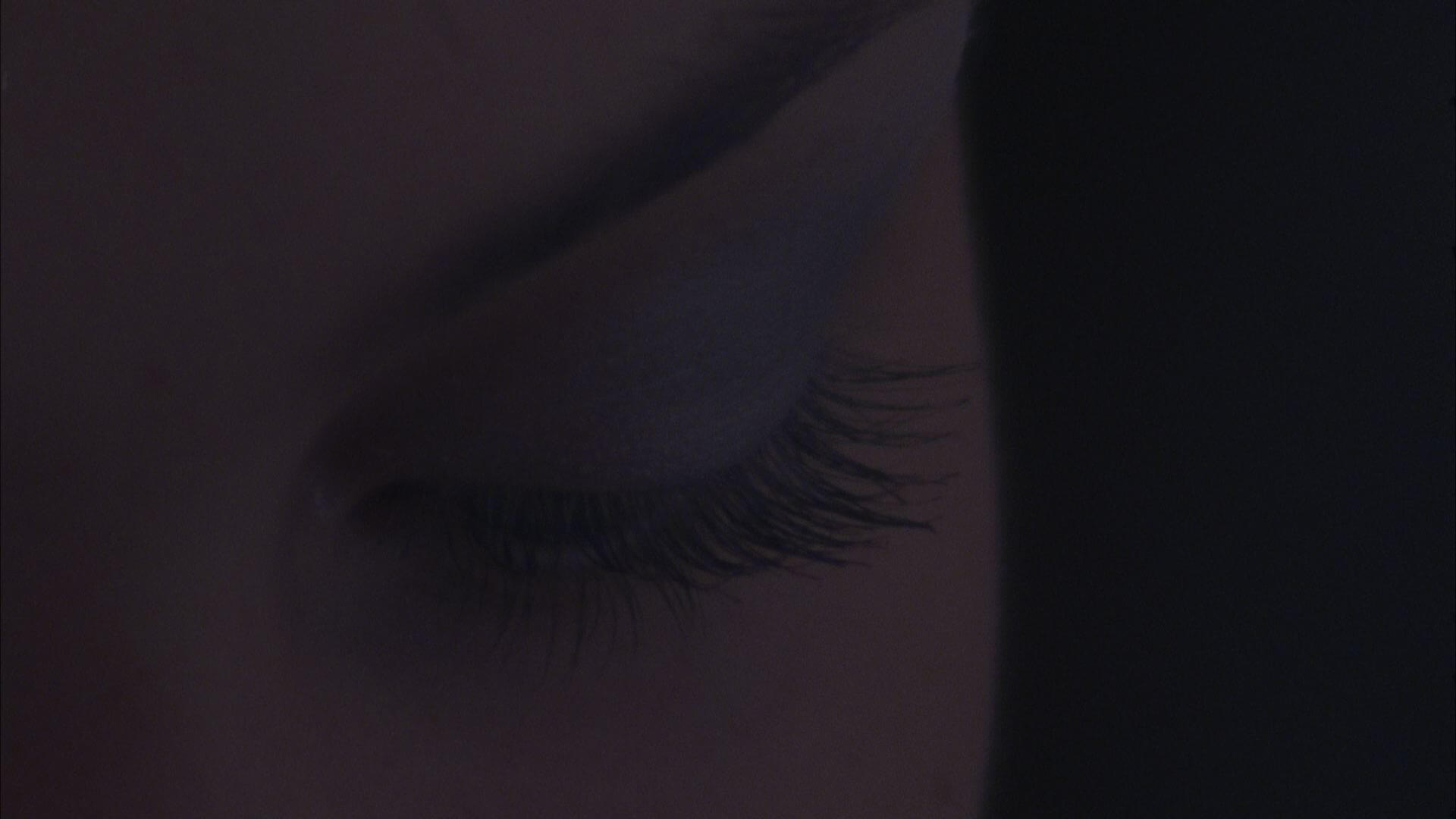 Still from The Vanquishing of the Witch Baba Yaga. Close-up to the eyelid of a person wearing eyeshadow and mascara.
