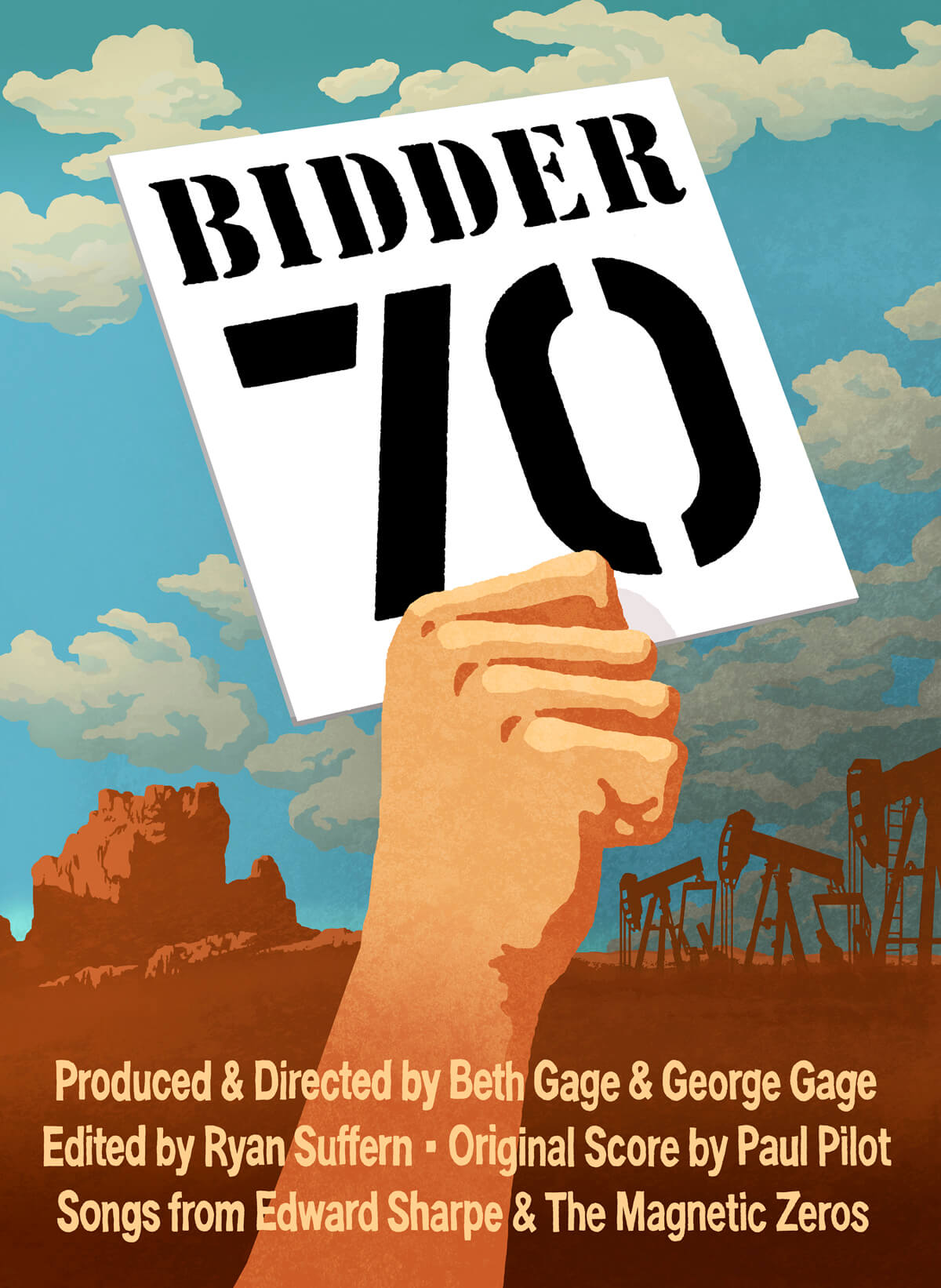 A graphic of a hand holding a sign that says "Bidder 70". The background is an open blue sky with a steel mill in brown.