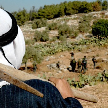 A man holding a pickaxe on his shoulder looks at a land where other field workers are working the land.