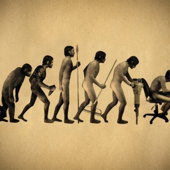 Illustration of the evolution of men, from the pre-historic age to working on a desk age.