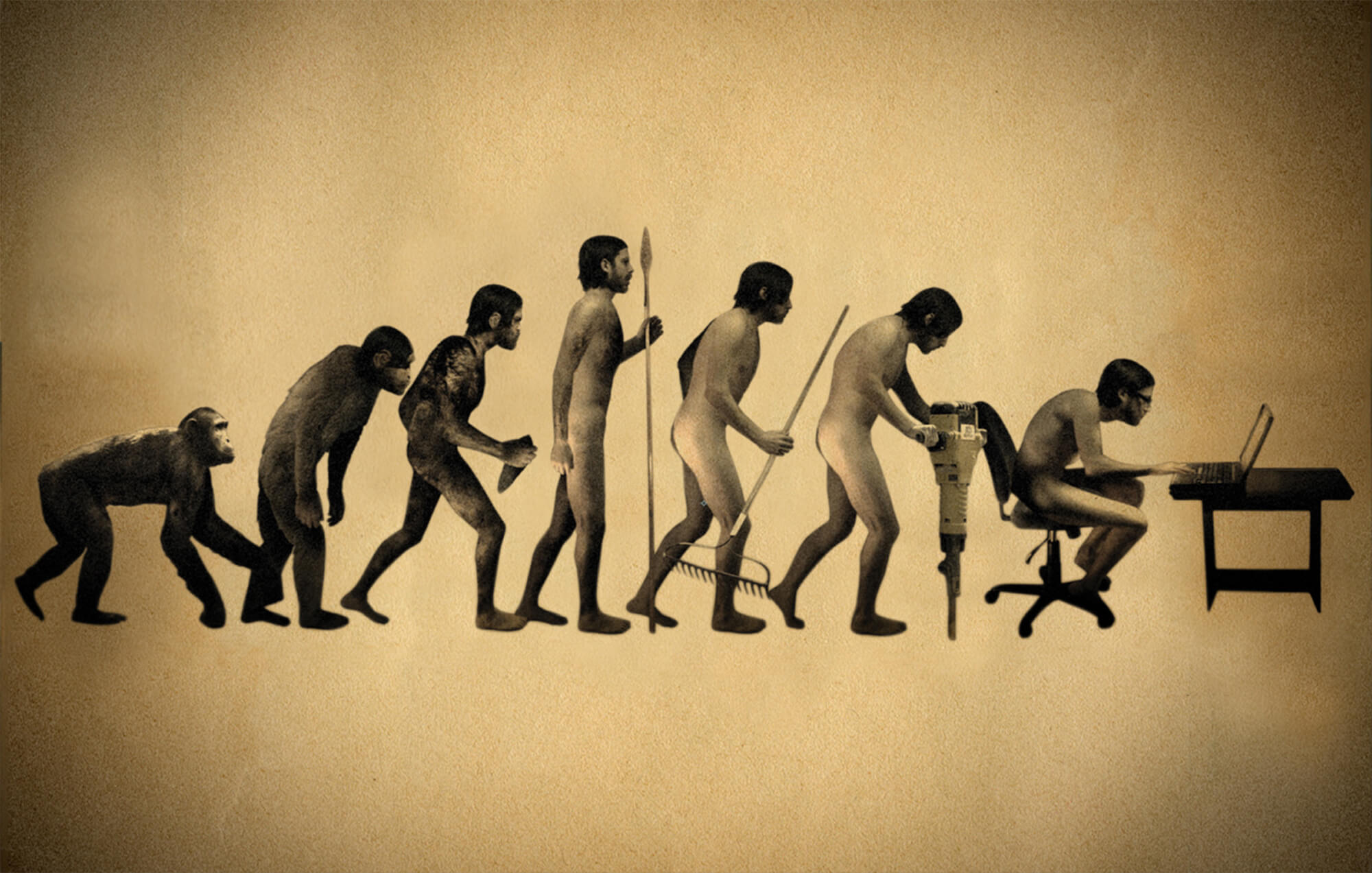 Illustration of the evolution of men, from the pre-historic age to working on a desk age.