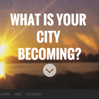 Screenshot of a webpage from the "Land of Opportunity" film website. The text in caps "What is your city becoming?" is overlaid on a grainy image of a river bank with the sun and a cityscape seen on the horizon.