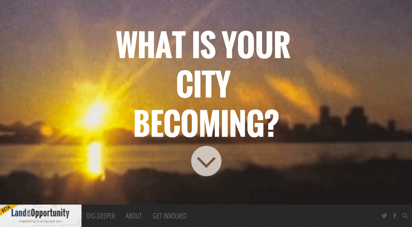 Screenshot of a webpage from the "Land of Opportunity" film website. The text in caps "What is your city becoming?" is overlaid on a grainy image of a river bank with the sun and a cityscape seen on the horizon.