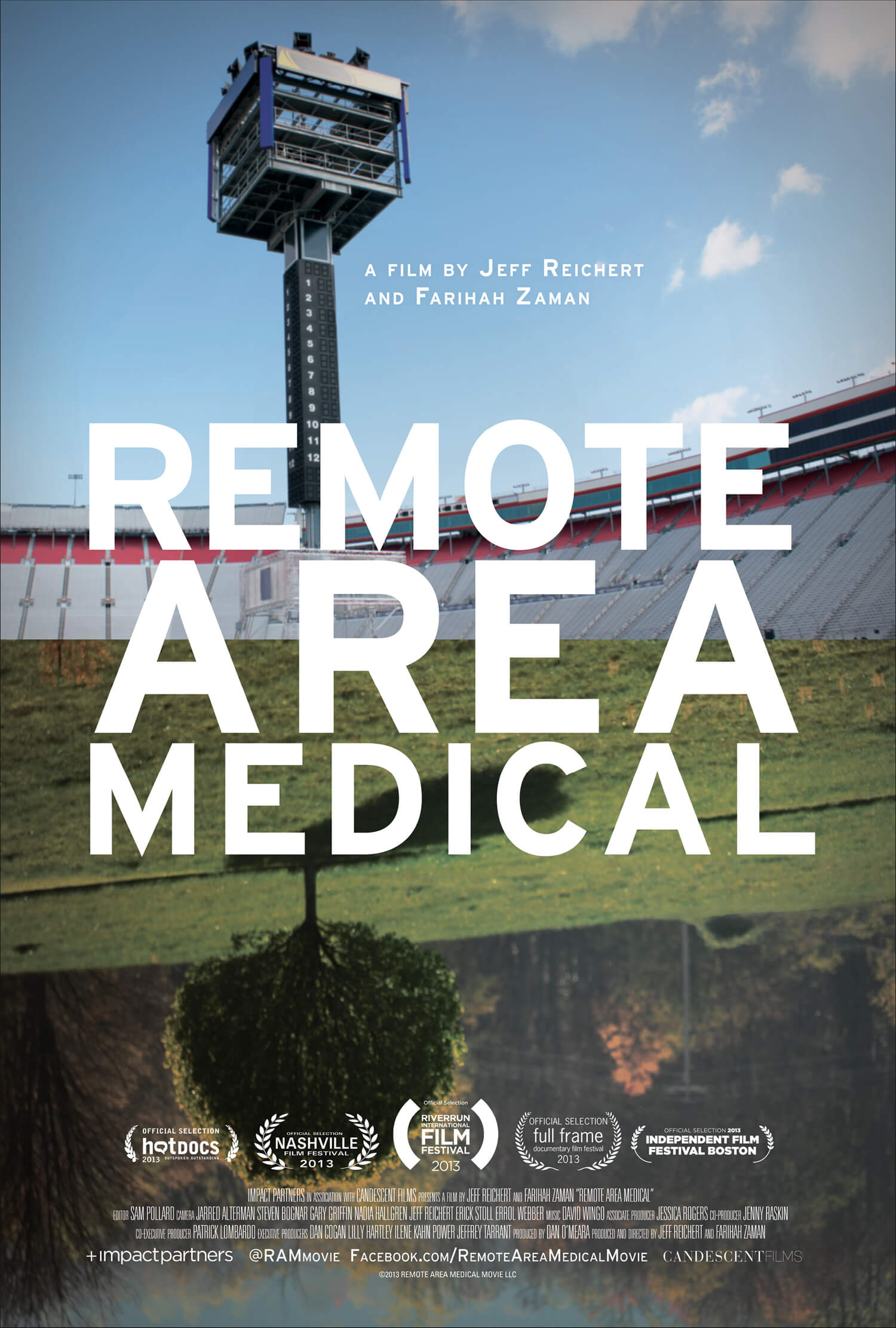 Poster of the film Remote Area Medical. The top half of the poster is an image of a stadium. The bottom half of the poster is upside down, showing the image of a tree in a grassy field with more trees in the background.