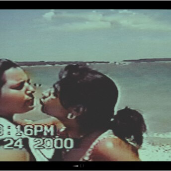 Still from Southwest of Salem. Screengrab of a home video of two persons about to kiss in front of the shoreline. The date and time are visible: 2: 29 pm, June 24, 2000.