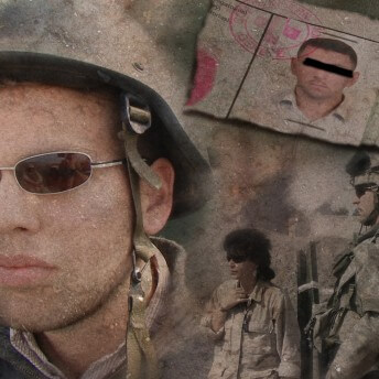 A graphic from The List. Many different images are collaged together. On the left side of the frame, is a headshot of a person wearing sunglasses and a military uniform. They wear a helmet with a camo pattern. On the right side of the images stand two more soldiers. In the top right corner, is a headshot of a person on a ripped piece of paper. There is a black censorship box over their eyes. Much of the image is blurry.