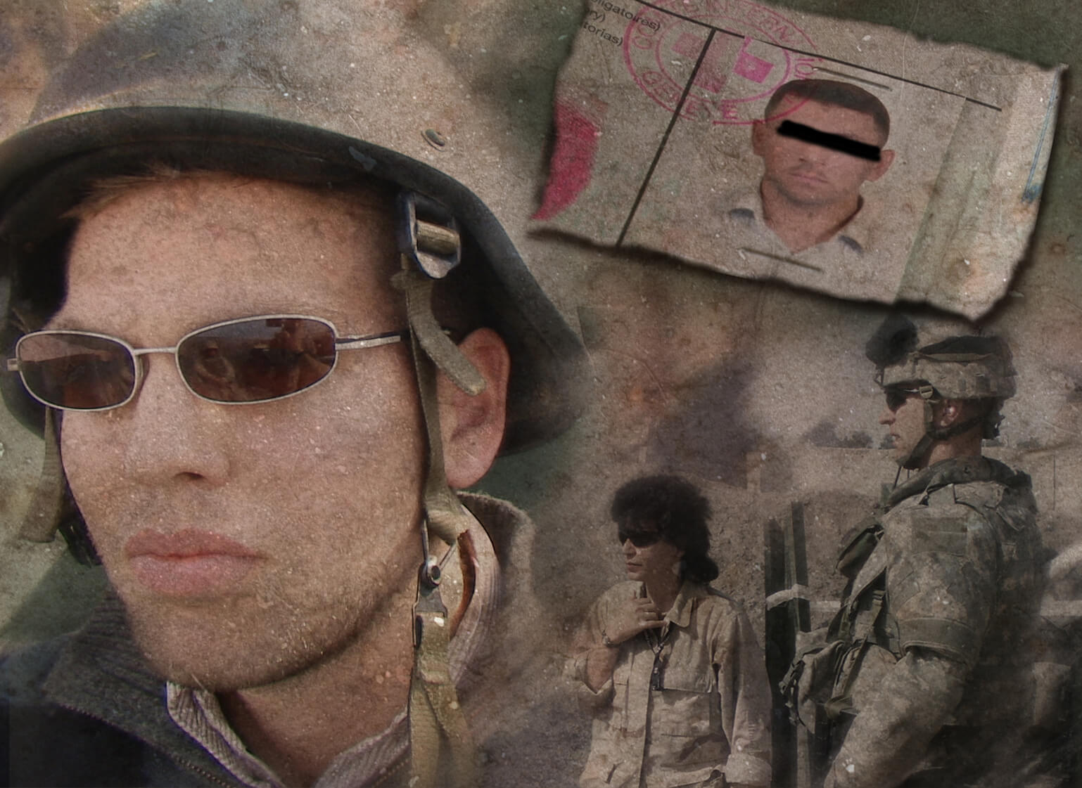 A graphic from The List. Many different images are collaged together. On the left side of the frame, is a headshot of a person wearing sunglasses and a military uniform. They wear a helmet with a camo pattern. On the right side of the images stand two more soldiers. In the top right corner, is a headshot of a person on a ripped piece of paper. There is a black censorship box over their eyes. Much of the image is blurry.