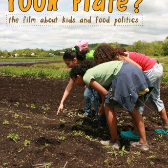 Poster for What's On Your Plate. Three kids hunching over point down at the soil in front of a green pasture. The graphics on it say the film title and the phrase " the film about kids and food politics."