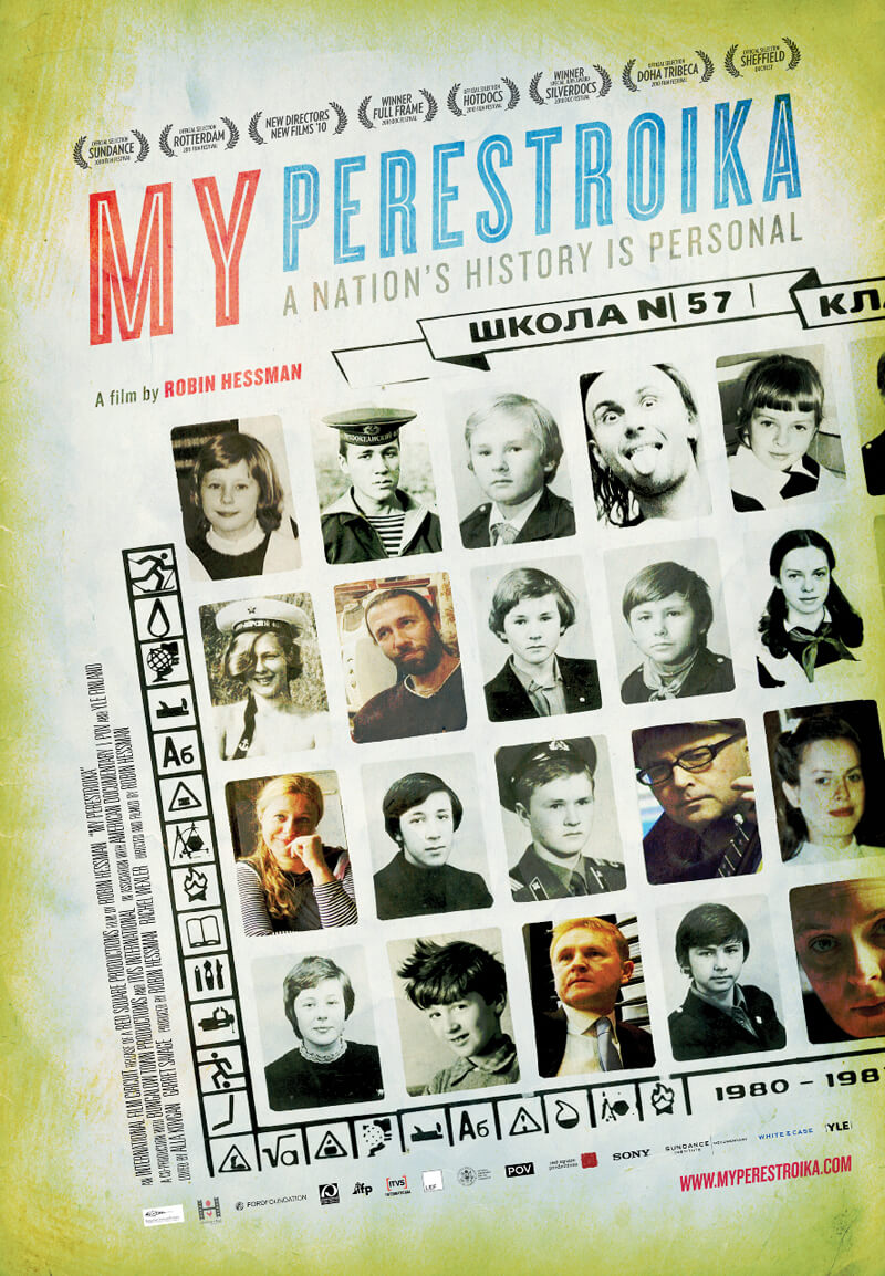Poster from My Perestroika. The film's title is above four rows of portriats of various people, surrounded by film credits.