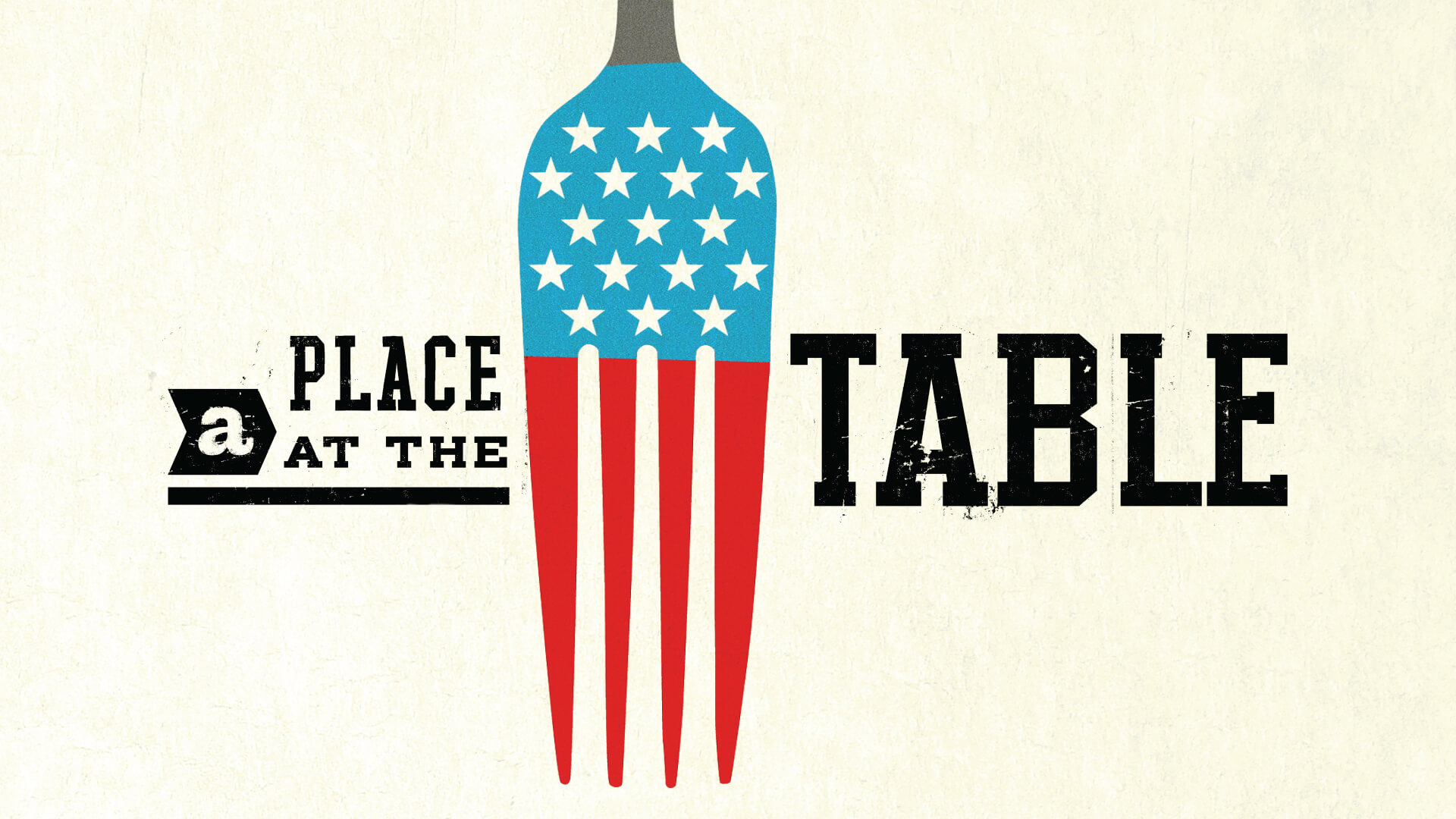 A graphic of the words "A Place at the Table". A fork has incrusted the USA flag.