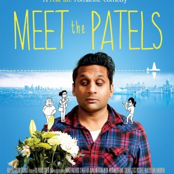 Meet the Patels movie poster. At the top of the poster are festival logos followed by text that reads, "A real life romantic comedy" and the title of the movie, Meet the Patels. The poster is blue with a skyline in the background. A man in a blue and red plaid button up shirt holds a bouquet of white and green flowers. There are two hand drawn, cartoon characters on his shoulders–one man and one woman on his left, one woman with a camera on his right.