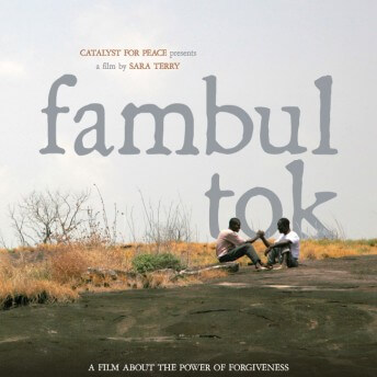 Poster of Fambul Tok. Two men are sitting on the ground across from each other, clasping their hands together. Behind them is dry brushland. The graphics on the poster say the name of the film and the director's name: Sara Terry. The poster also contains text at the top that reads: "The family tree bends, but it does not break."