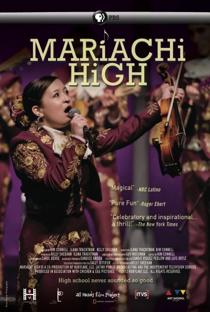 Poster of Mariachi High. A woman in a purple Mariachi suit is holding up a violin and bow in her left hand and a microphone to her mouth with her right hand. There are quotes about the documentary, "Magical" - NBC Latino, "Pure Fun" - Roger Ebert, and "Celebratory and inspirational... a thrill!" - The New York Times. Credits and production logos are listed below.