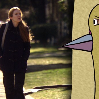 Lily Rabe as Mona Peek walks down a sunlit sidewalk looking off into the distance and is out of focus. An animated bird looks at her. Color photograph.
