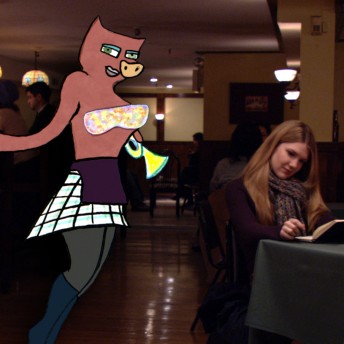 Lily Rabe as Mona Peek is sitting down writing in a notebook at a restaurant. Next to her is an animated creature dressed in a top and skirt. Color photograph.