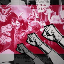 Still from Wonder Women! The Untold Story of American Superheroines. A group of people marches and hold signs. The photo has a pink overlay with animated fists in the power symbol.