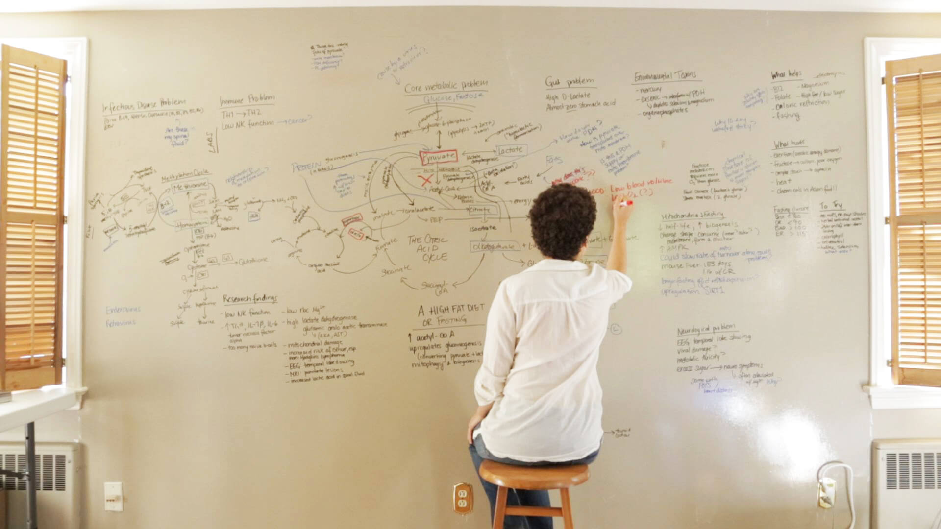 Still form Unrest. A woman sits on a stool facing a wall with a whiteboard full of writing.