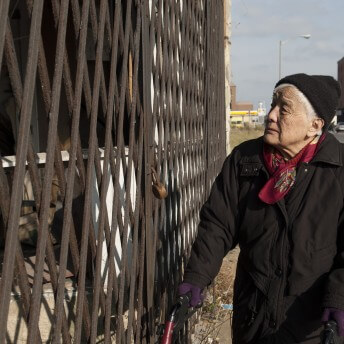 Still from Grace Lee American Revolutionary: The Evolution of Grace Lee Boggs. Grace Lee Boggs is using a walker to pass by a metal fence. She is wearing a black jacket and a winter hat. Her hair is white and short.