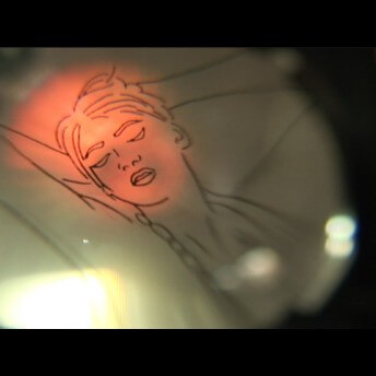 Still from Our City Dreams. A simple line drawing of a woman with her hands behind her head is shown through a lense.