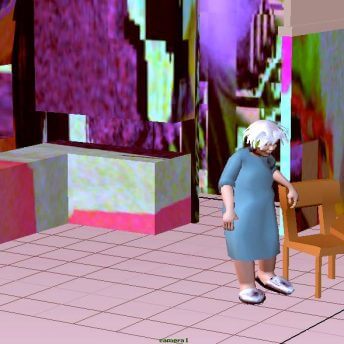 Still from State of Grace. A digital 3D image of a woman standing close to a chair in a colorful room.
