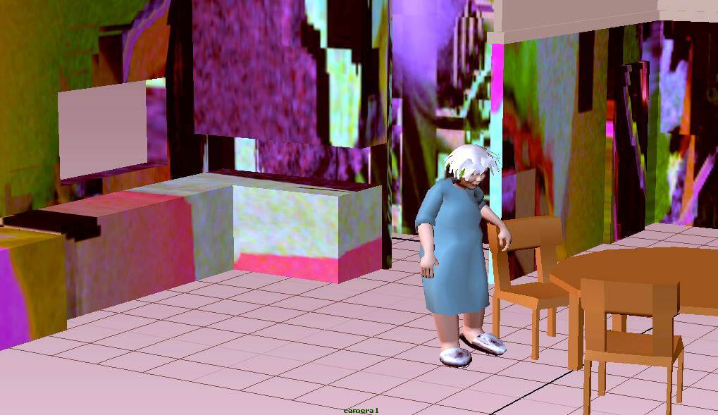 Still from State of Grace. A digital 3D image of a woman standing close to a chair in a colorful room.