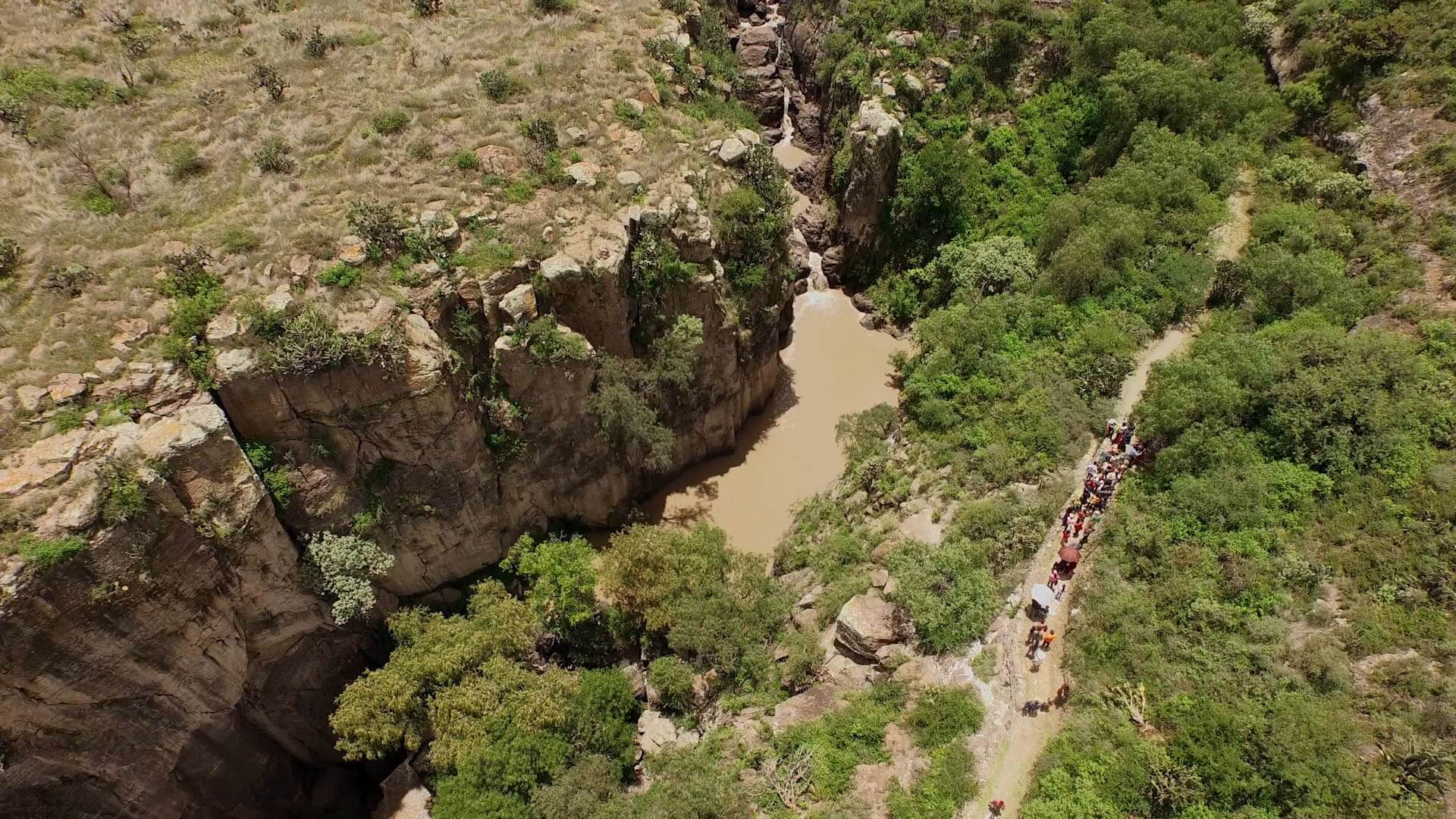 A still from The Age of Water. A birds-eye-view of a group of people hiking along a path that abuts a small river.