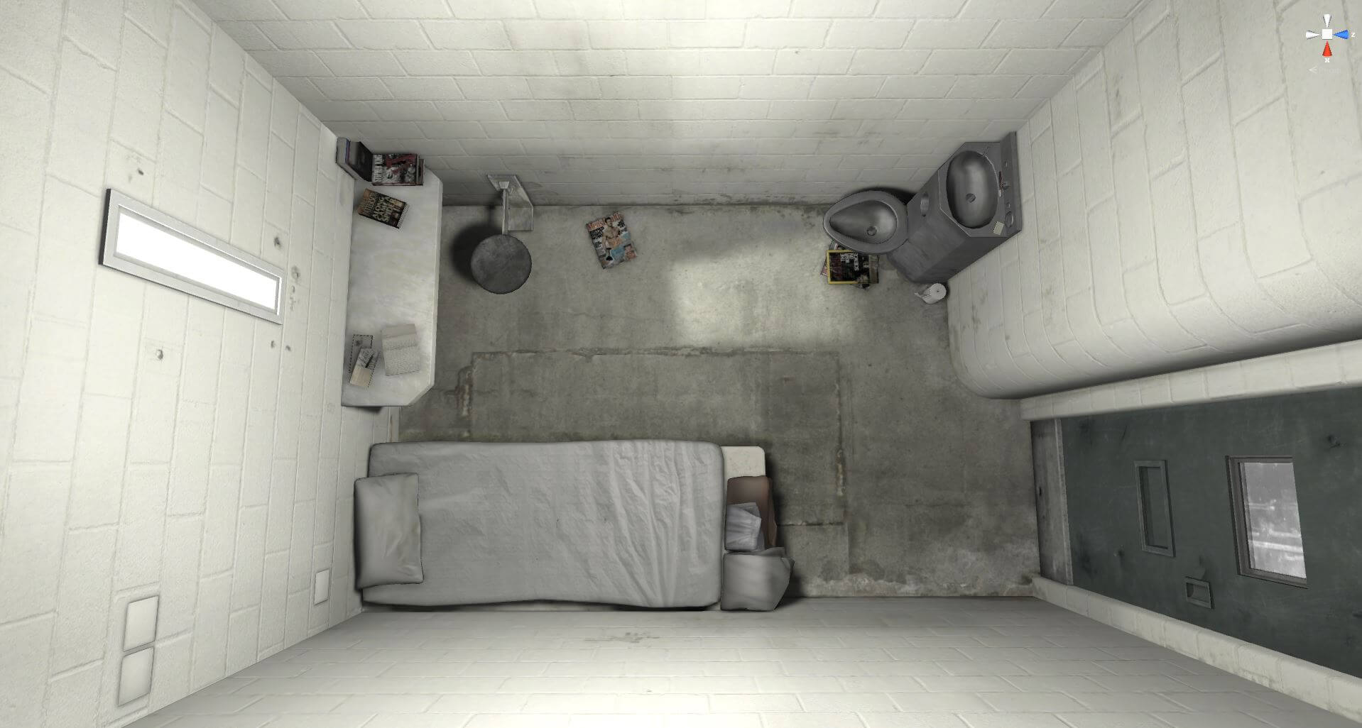 Still from An Immersive Experience of Solitary Confinement Impact & Innovation Initiative. Aerial shot of a prison cell: a bed with a bench, a shelf with some books, and a toilet, some magazines are spread over the floor.