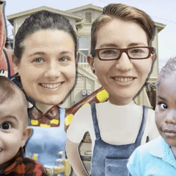 A photo collage. The director, Nico Opper, is next to another woman, and around them are superimposed images of toddlers and young kids. In the collage background, a street view of a two-story beige house is seen.