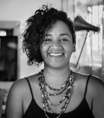 Maia von Lekow looks directly at the camera. Portrait in black and white.