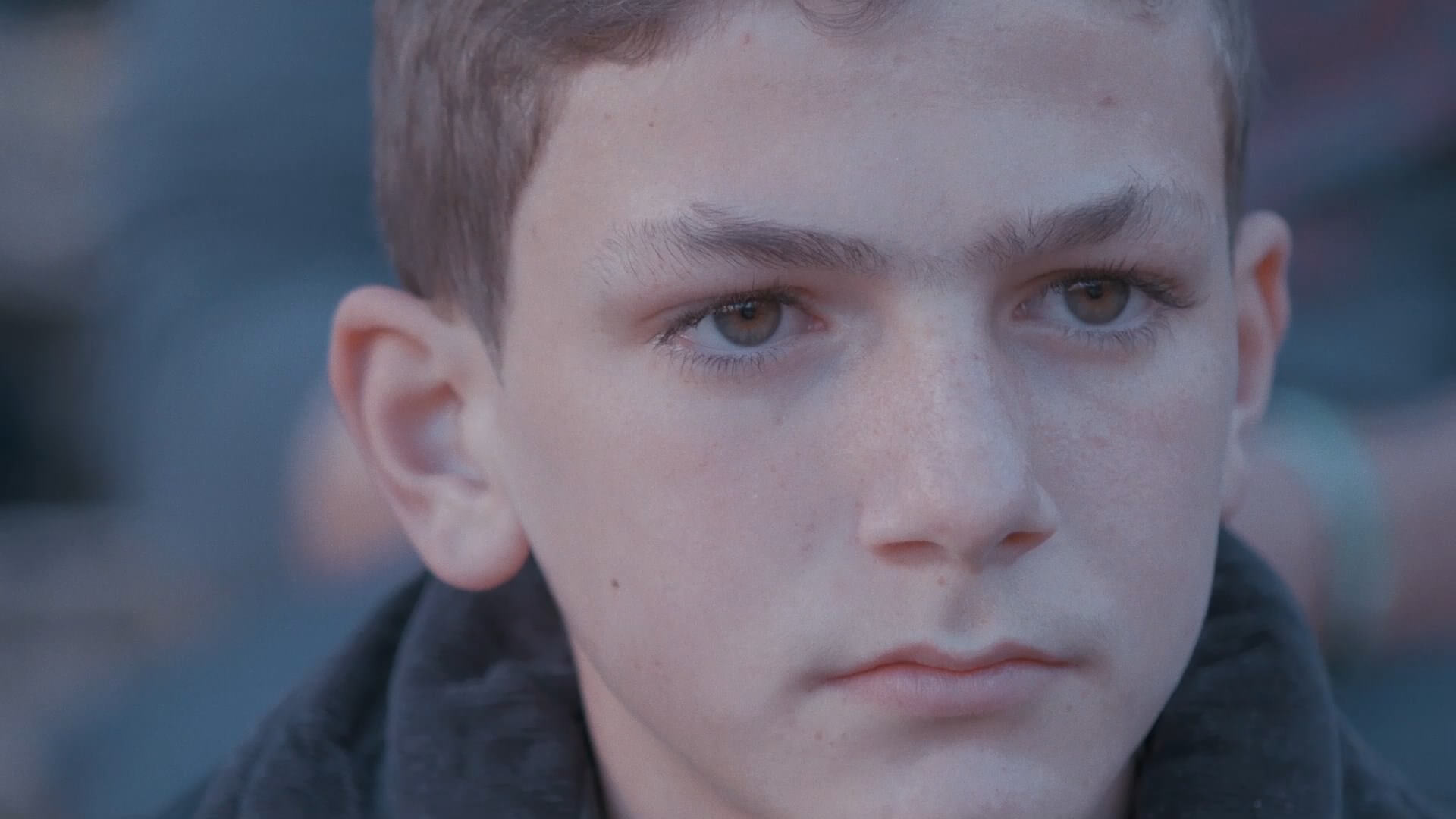 A close-up shot of a boy looking off into the distance. He has short brown hair and brown eyes.