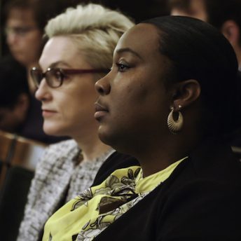 Still from Belly of the Beast. Kelli Dillon and Cynthia Chandler at a hearing