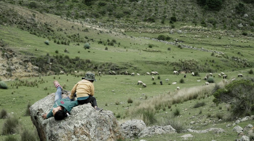 Still from El Eco. Two young kids sit on a large rock jutting out from the side of a grassy hill. They are facing away from the camera. In front of them is a grassy valley with sheep grazing in it.