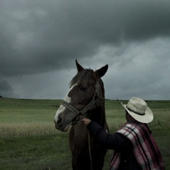 Still from El Eco. A man and a brown horse are standing on a grassy plain with cloudy skies overhead. The horse faces the camera and the man faces away. He is holding the horses reins and is wearing a white cowboy hat.