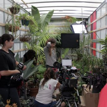 A group of people with film equipment in a room full of plants, among them there is director Alison O'Daniel. Color photograph.