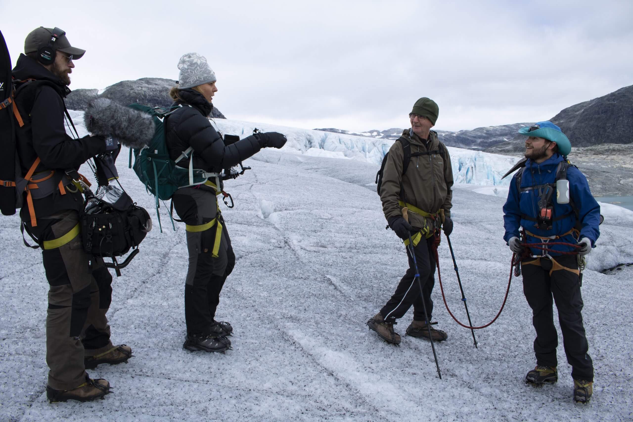 Margreth Olin with her father Jorgen Mykloen on Jostedalen Glacier, sound recordist Andreas Svensson and safety manager from IceTroll.