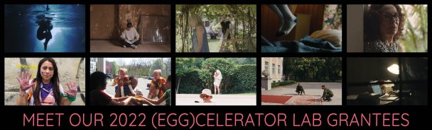 A collage of photos with stills of the ten projects supported by the (Egg)celerator Lab