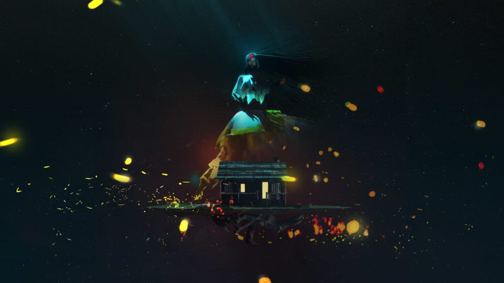 A digitally constructed environment in which a cabin is surrounded by enlightened particles. A woman in a bigger scale than the house is in the back.