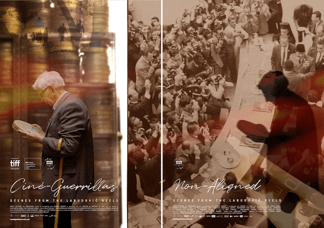 Poster of Non-Aligned: Scenes from the Labudović Reels. An overlapped image of a photography of journalists taking photographs to men behind a table, and a man holding a film reel inside of a metallic box.