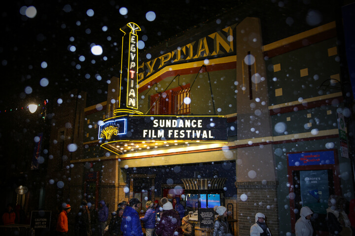A shot of the Egyptian Theater while snowing.