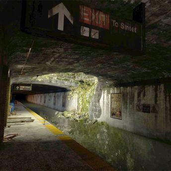 Still from Biidaaban: First Light. A derelict Toronto subway station is shown. The tracks are flooded and there is greenery growing through a hole in the ceiling that light pours through.