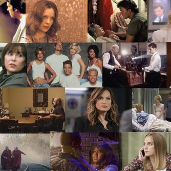 Still from Hollywood Does Abortion. Montage of color images from the films and television shows that will be discussed in the documentary. There are four rows of images, with seven to eight images in each row.
