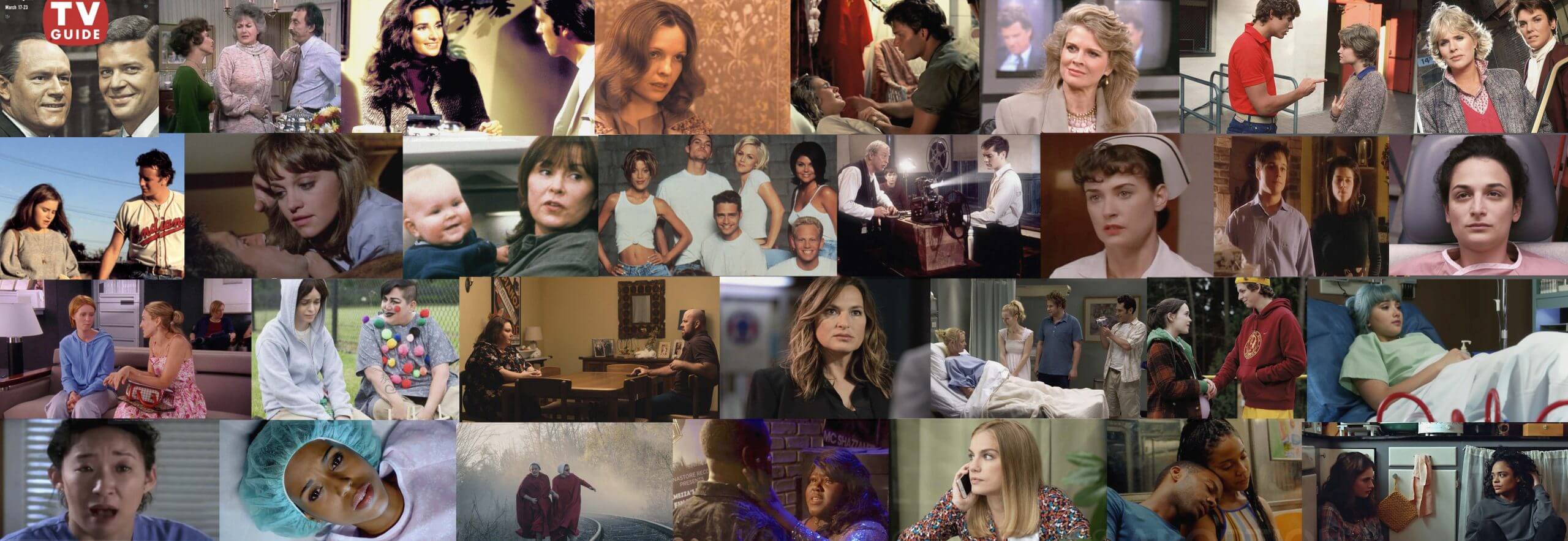 Still from Hollywood Does Abortion. Montage of color images from the films and television shows that will be discussed in the documentary. There are four rows of images, with seven to eight images in each row.