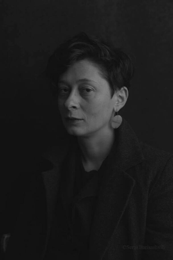Black and white portrait of filmmaker Salomé Jashi