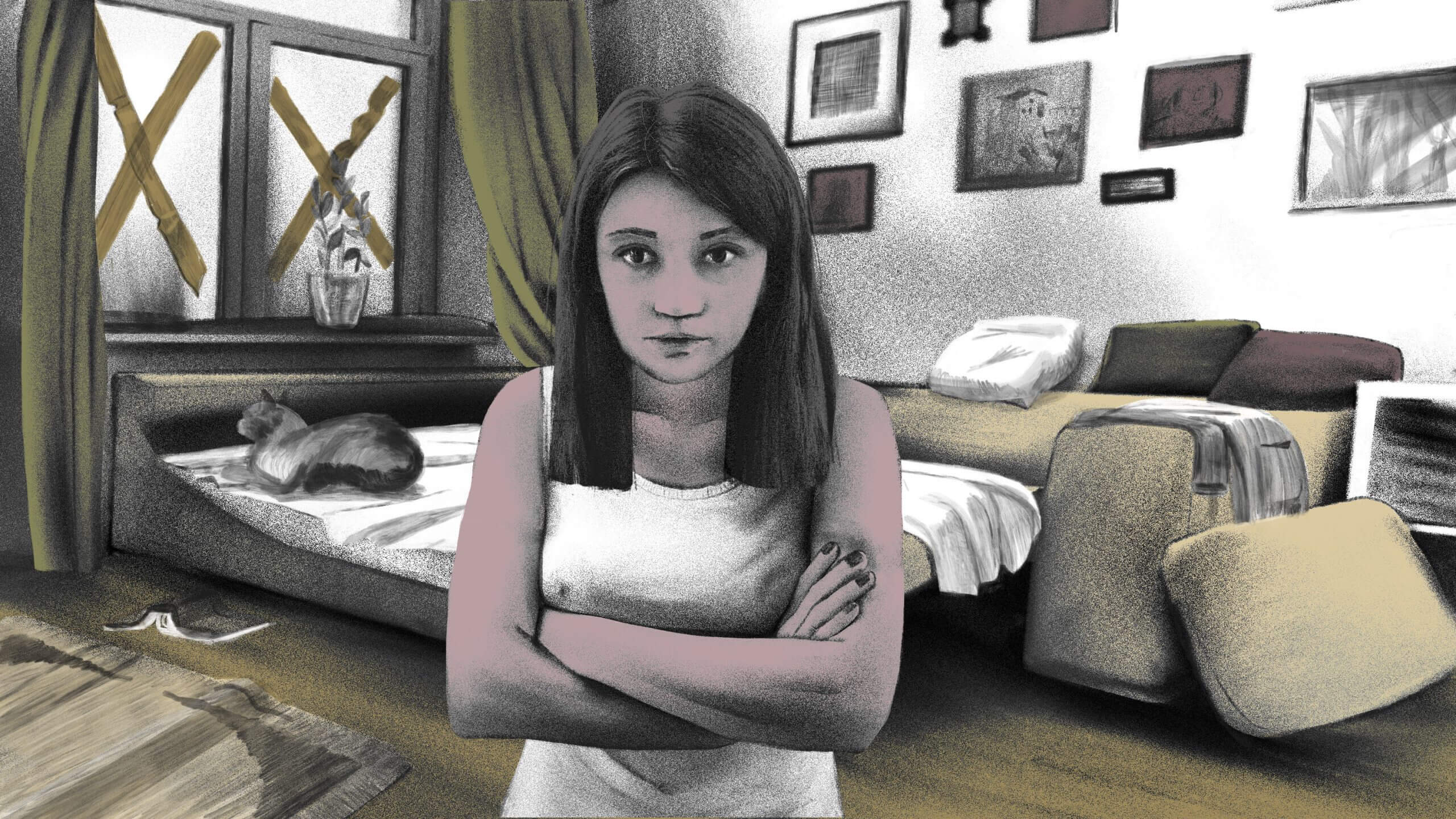 Still from Red Zone. Illustration of a young woman in the center of the frame, looking directly ahead, with her arms crossed in front of her. She as long dark hair, wears a white tank top, and is not smiling. She is in a room with a bed, paintings on the wall, and two windows that have X's taped across them.