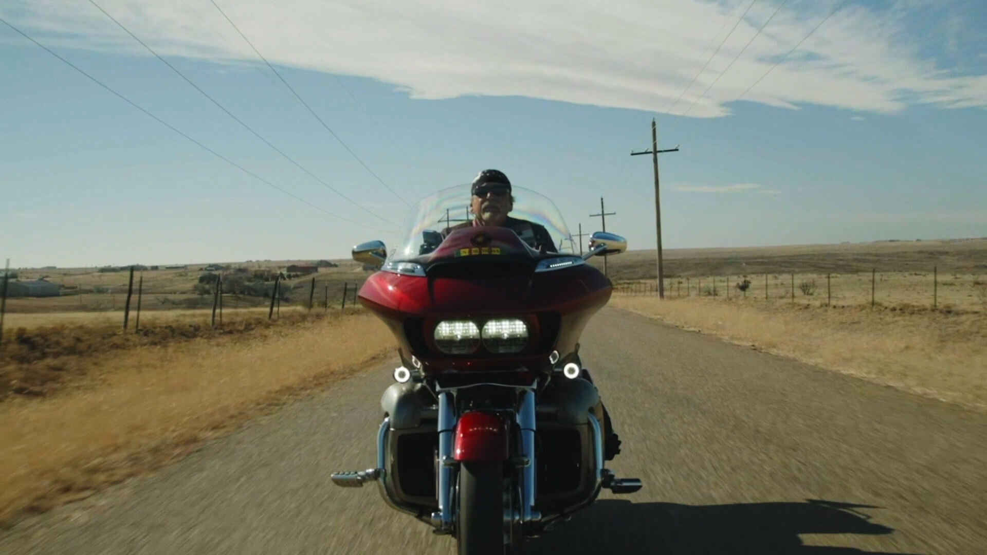 Man on motorcycle riding through Texas.